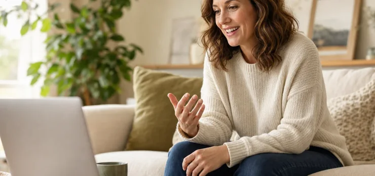 A woman at home on a video session with her coach