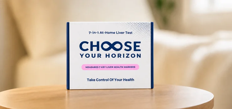 The at-home blood test kit on a side table