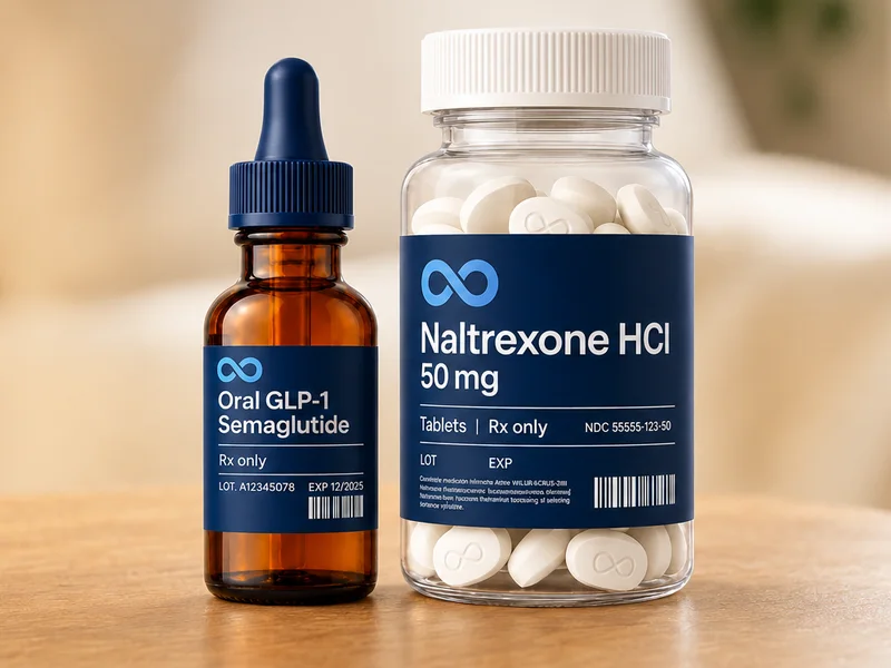 Naltrexone tablets and oral GLP-1 drops together