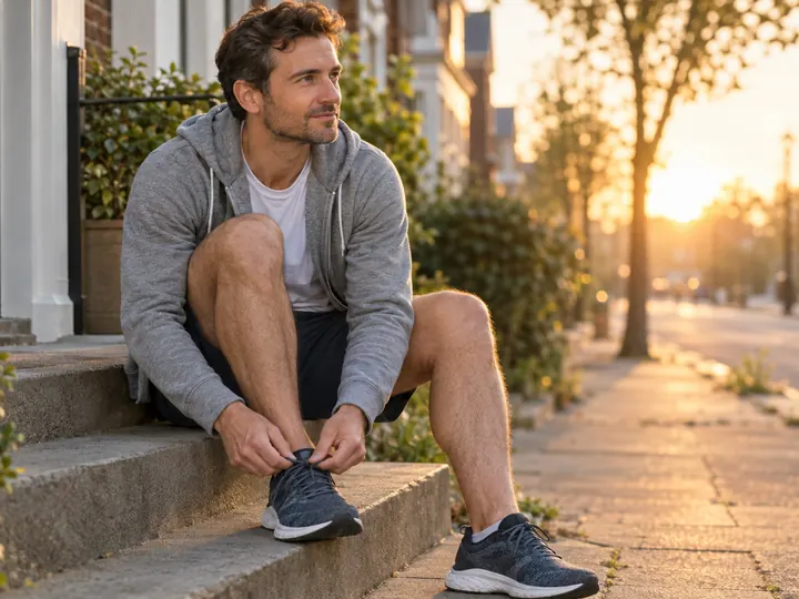 A man lacing up running shoes at sunrise