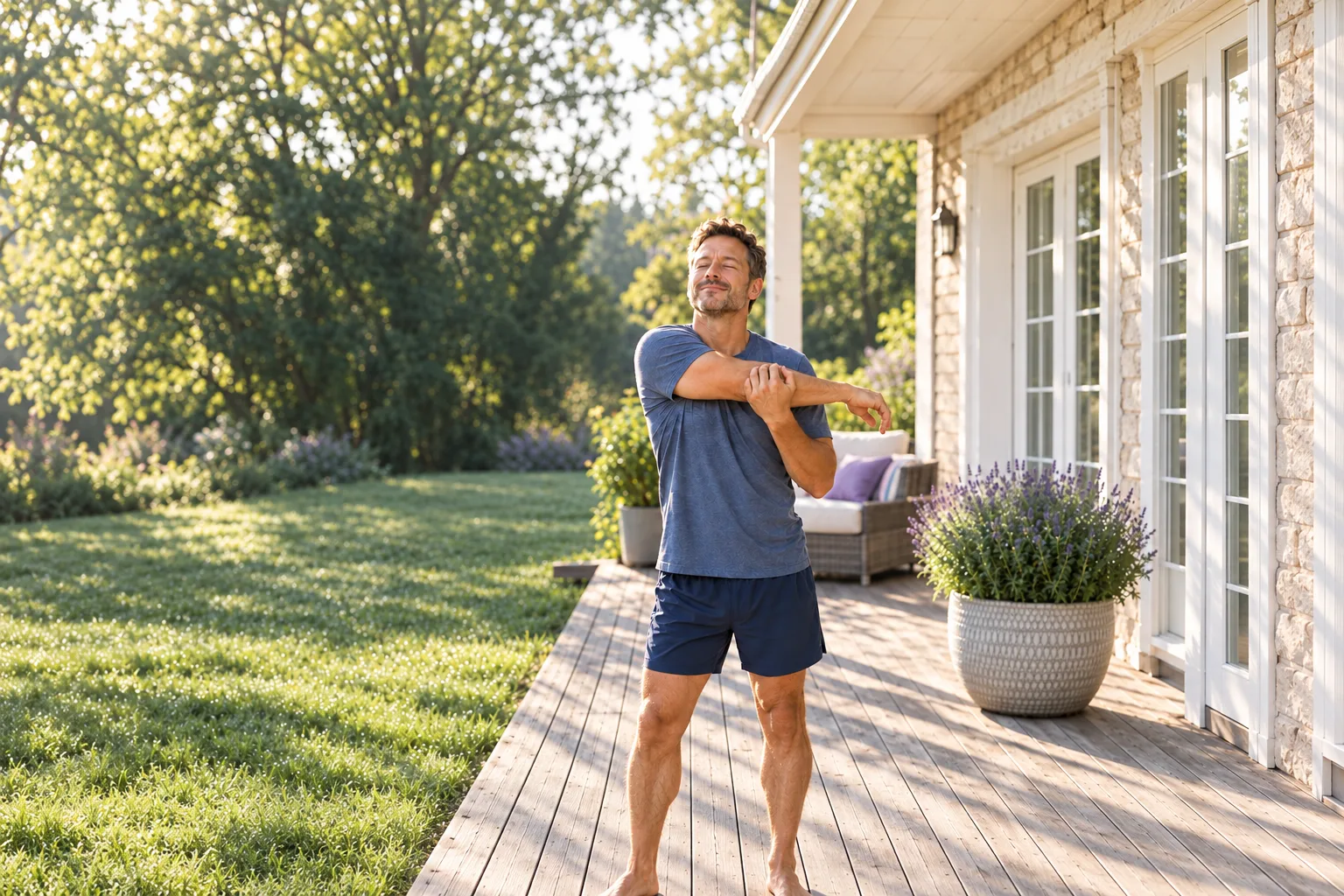 A man stretching on his sunlit back porch early in the morning
