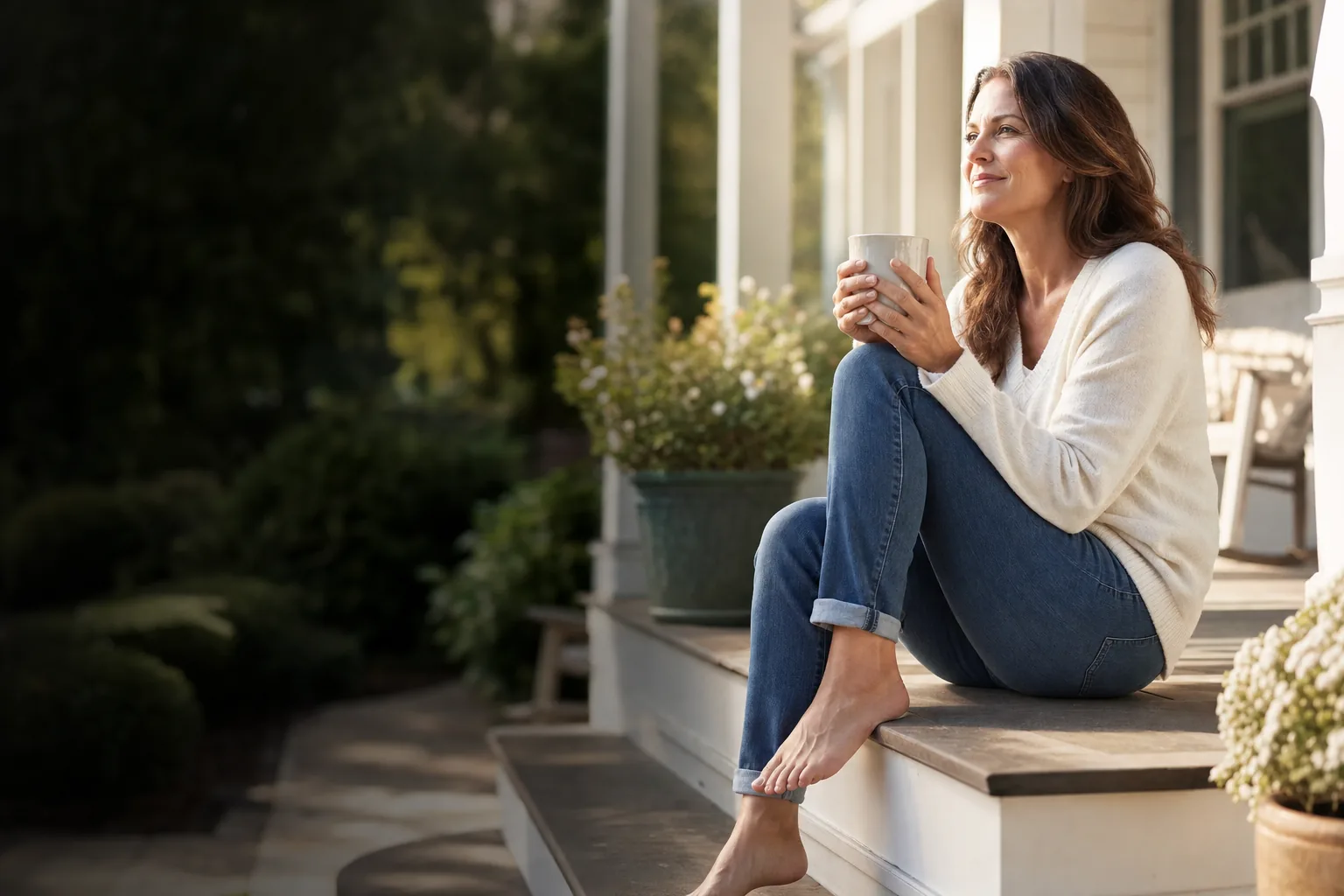 A woman on a sunlit porch in the morning
