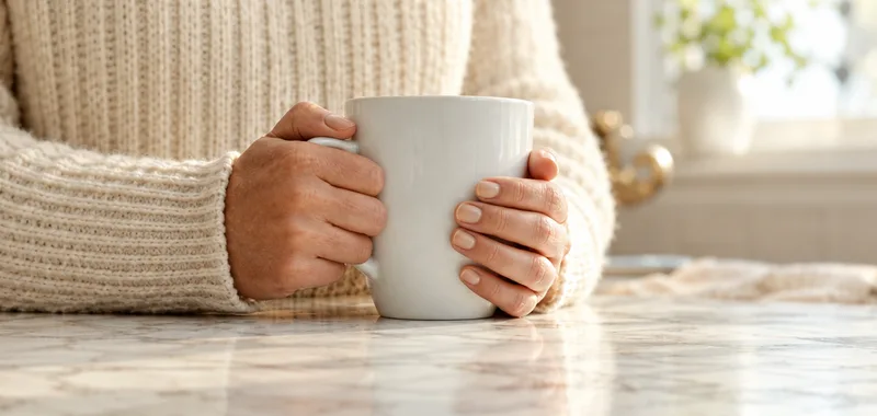 Hands cradling a warm mug in morning light
