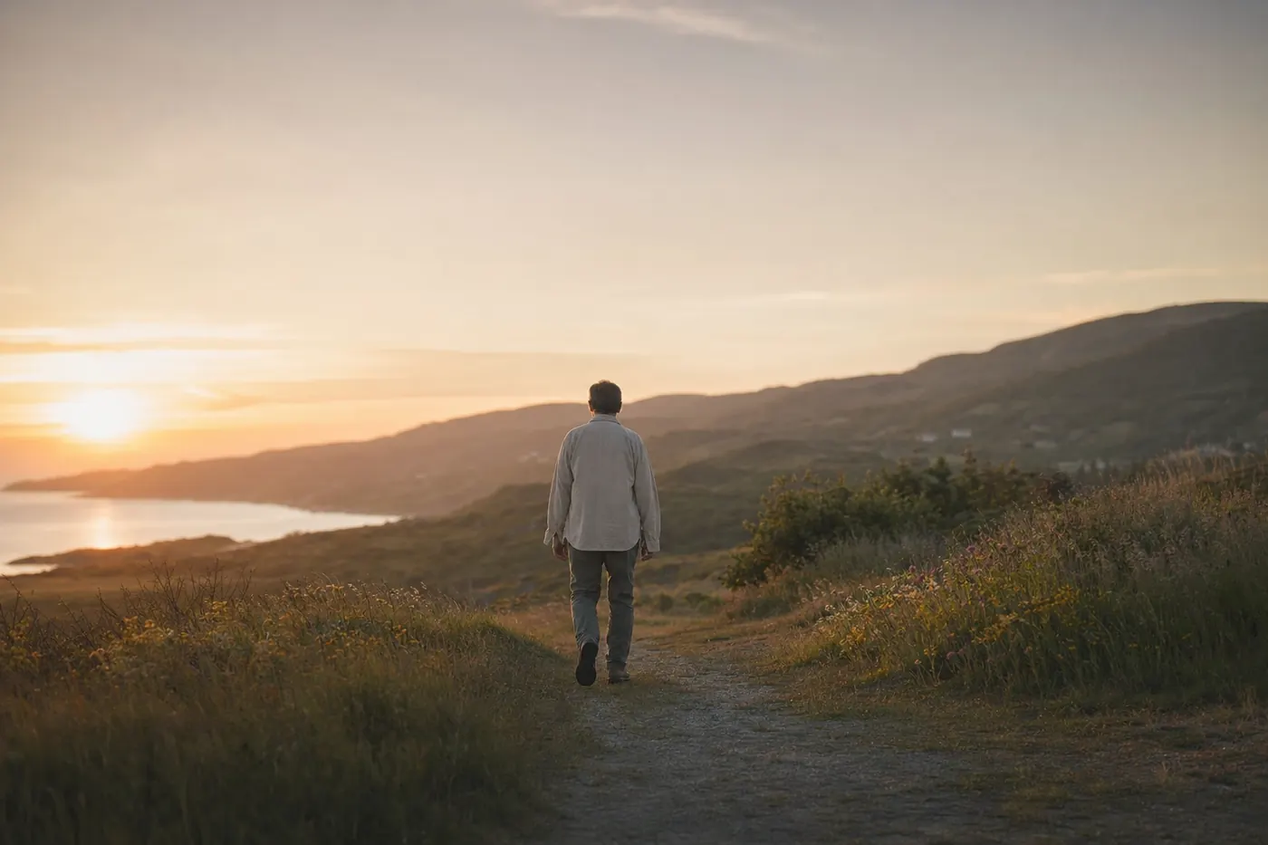 A person walking outdoors at sunrise