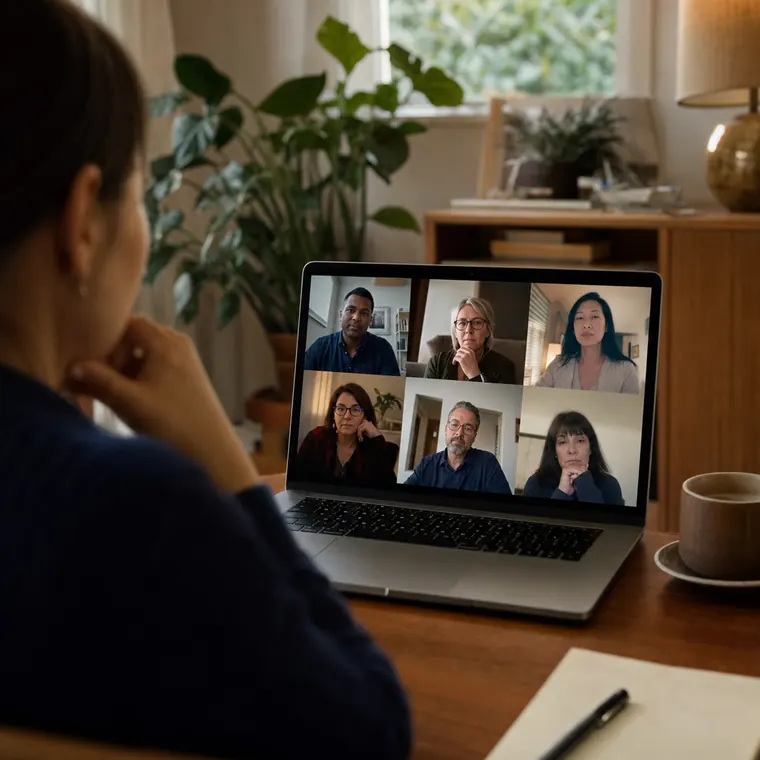 A small facilitated group session on a laptop screen