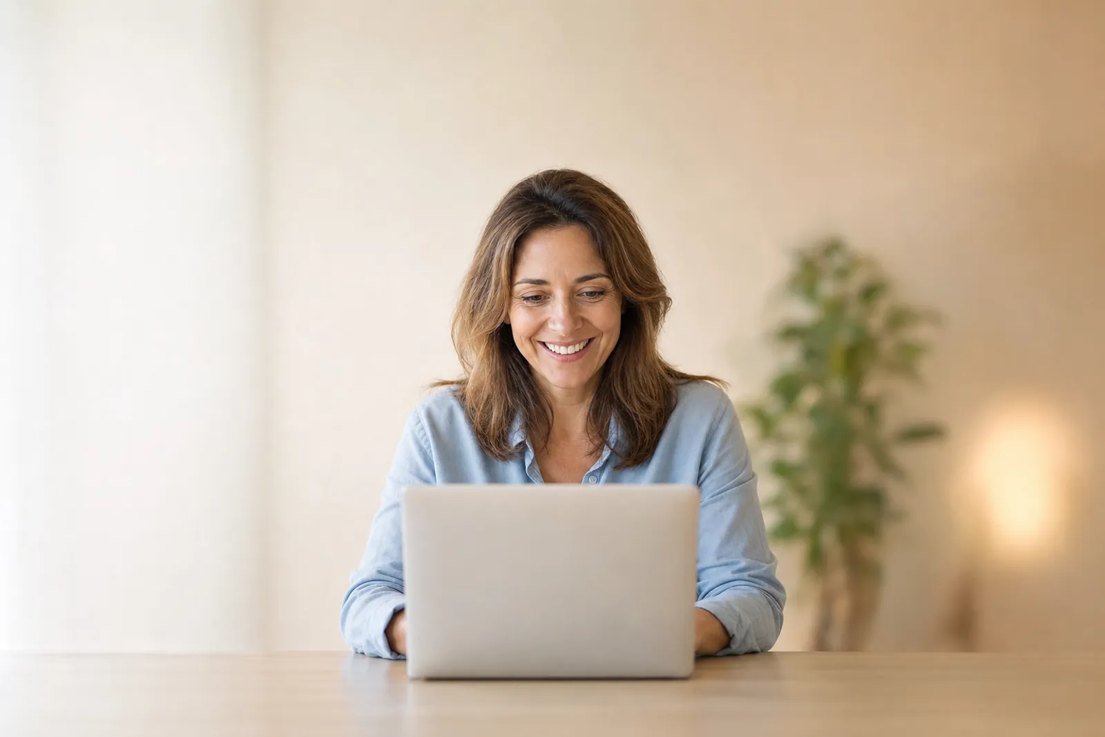 A woman at her kitchen table joining a session from home