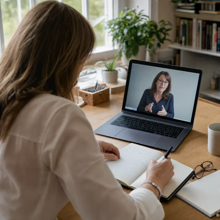 A woman taking notes during an online session at home