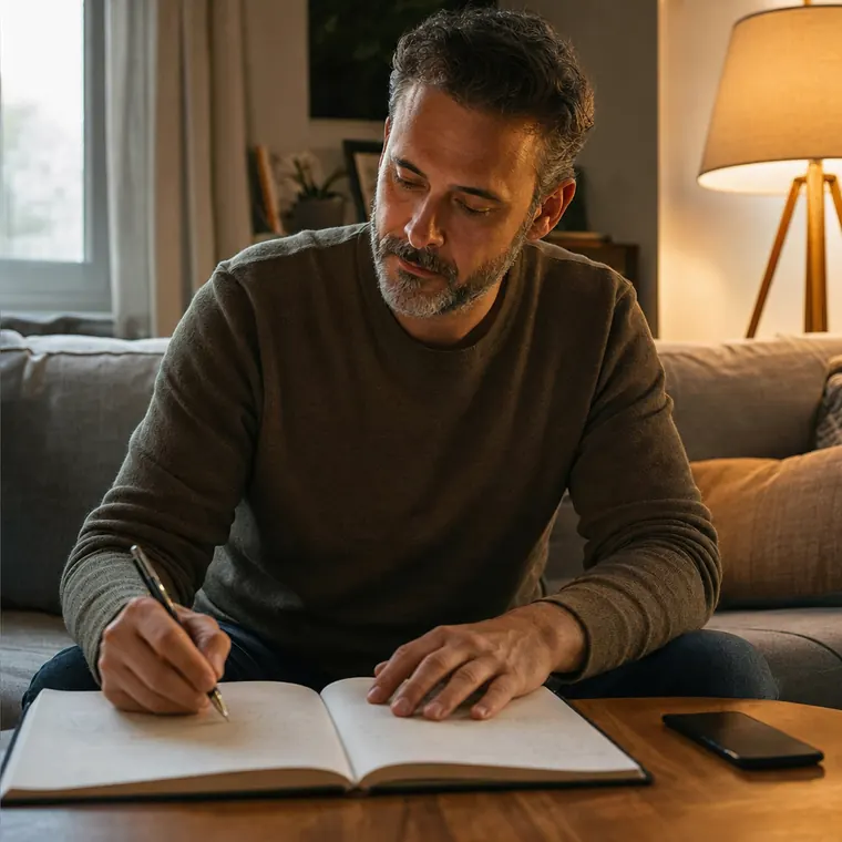 A man working through a recovery workbook at home