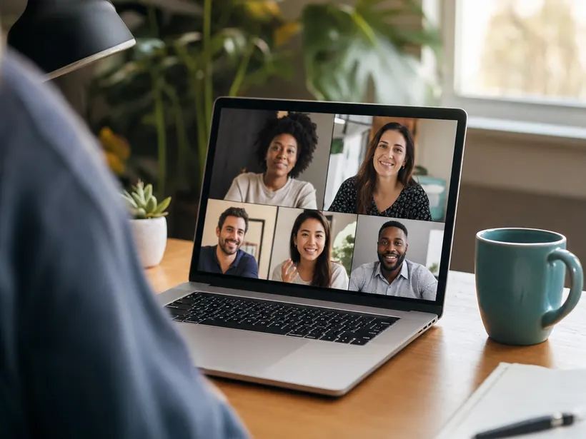 A small facilitated group session on a laptop