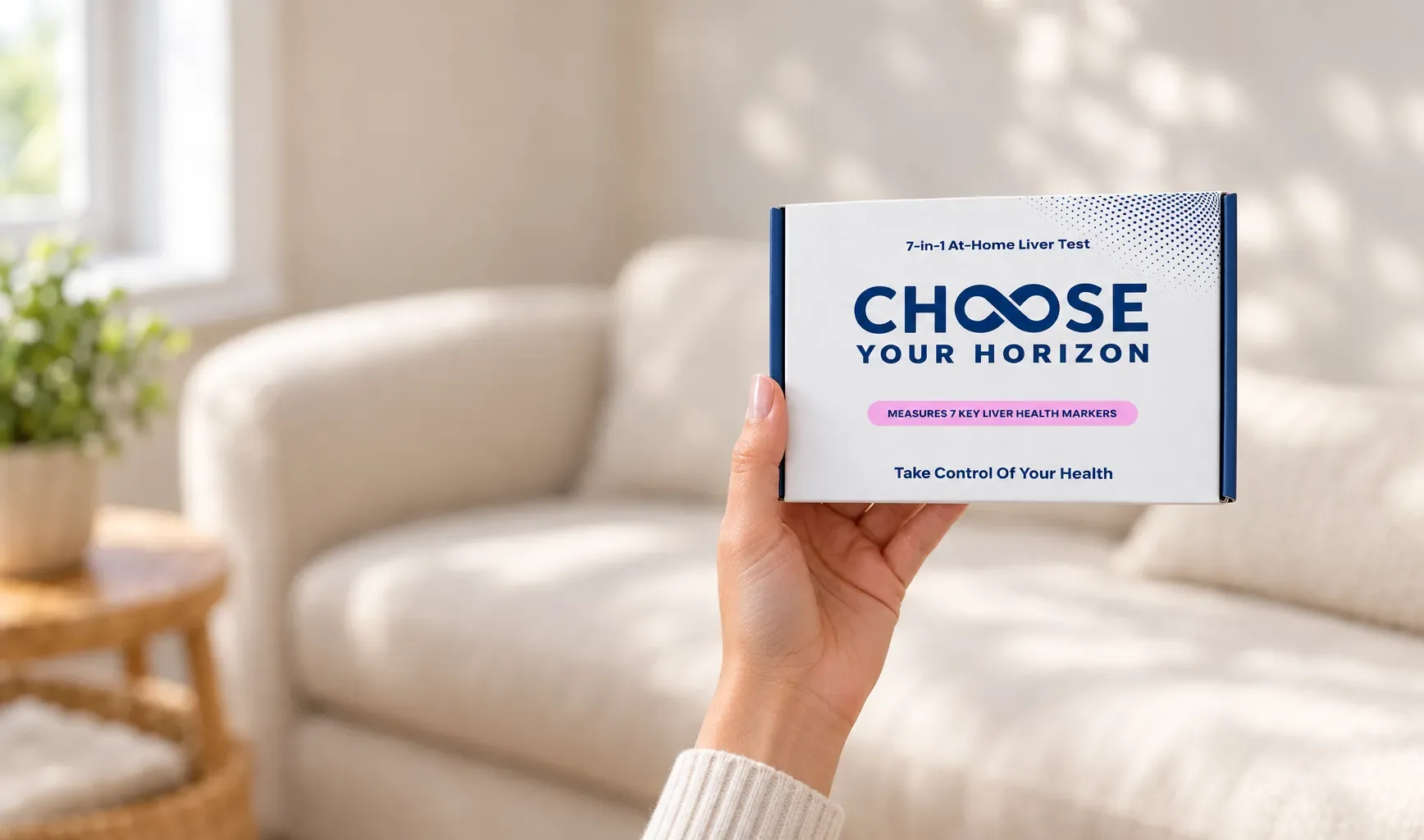 A woman holding the Choose Your Horizon 7-in-1 at-home liver test kit