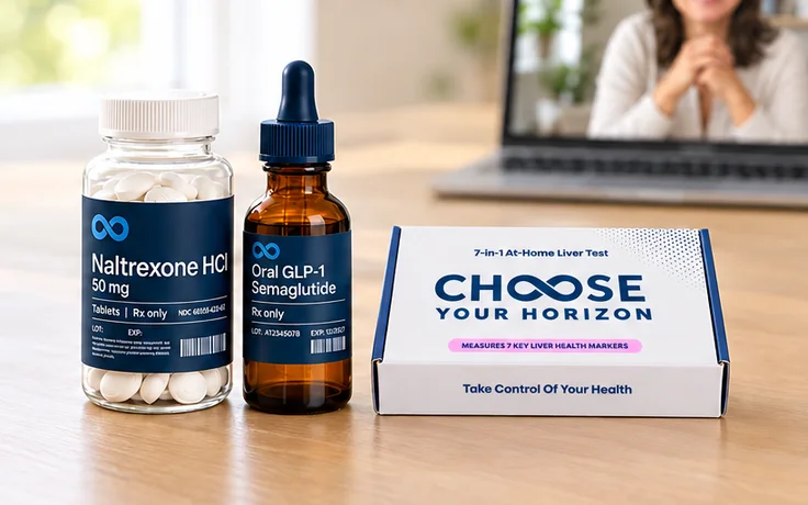 Naltrexone, oral GLP-1 and the at-home blood test kit beside a coaching call on a home desk