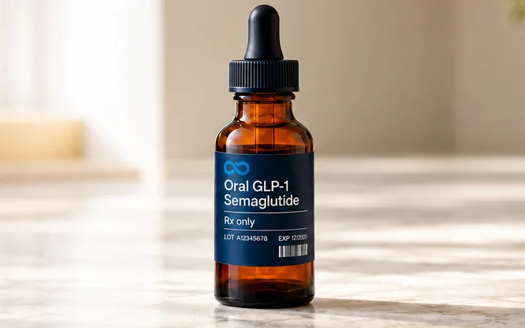 Oral GLP-1 drops on a kitchen counter in morning light