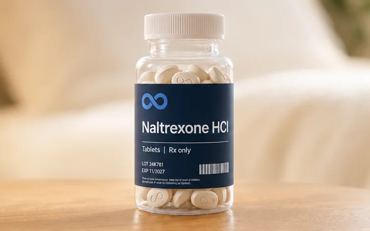 Naltrexone HCl on a bedside table in morning light