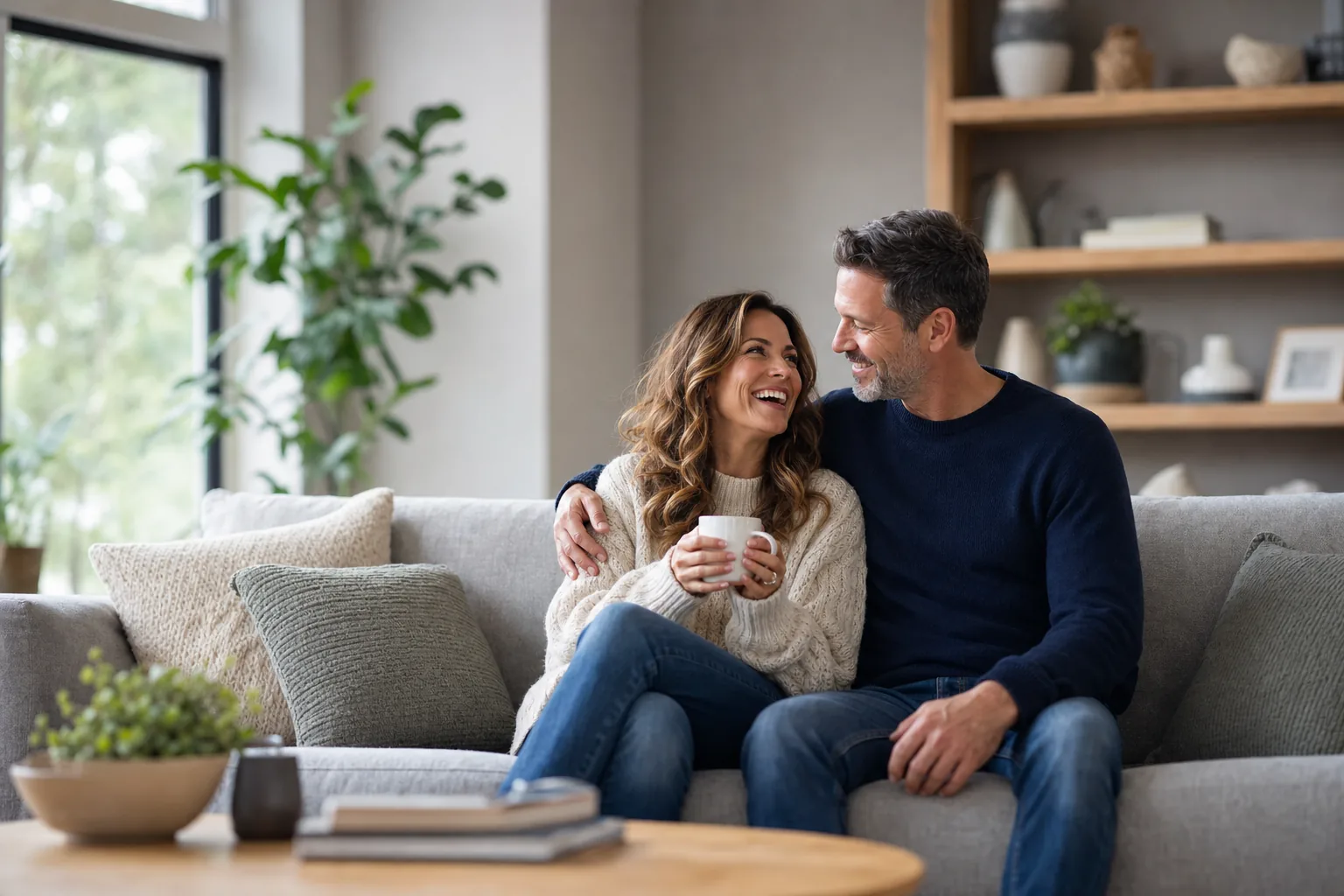 A couple laughing together on the sofa at home
