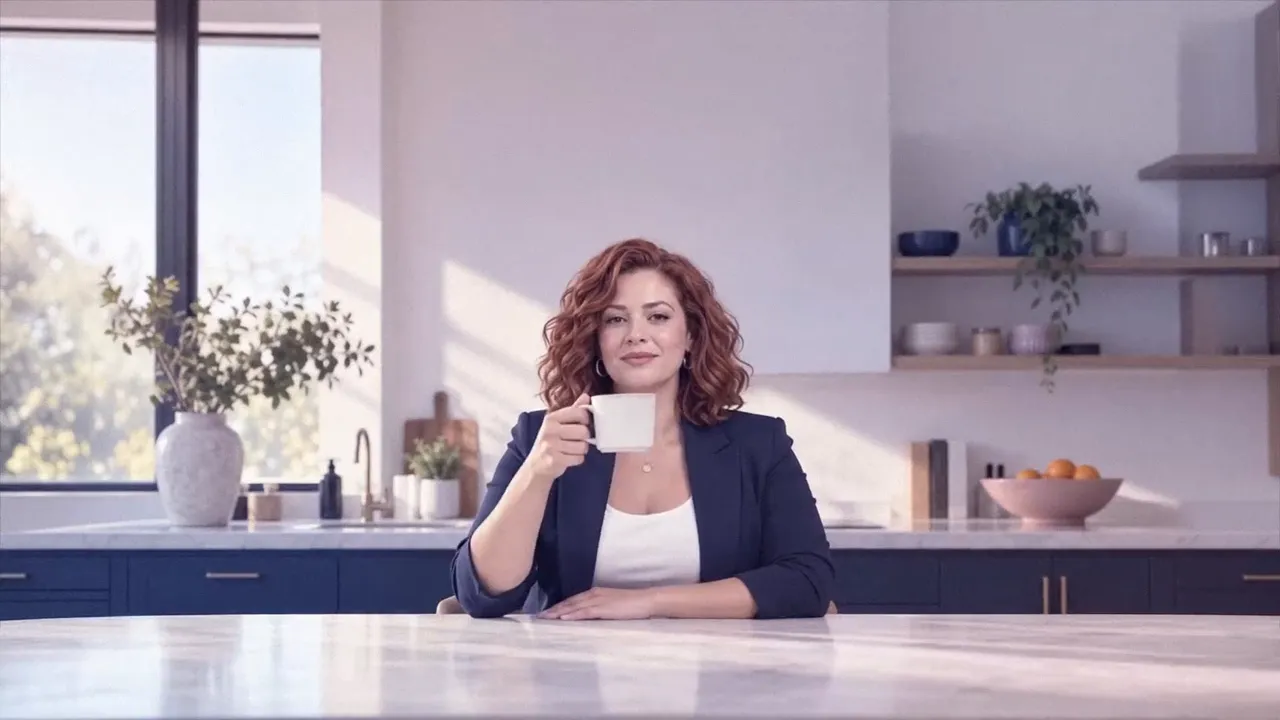 A woman at her kitchen island with a cup of coffee