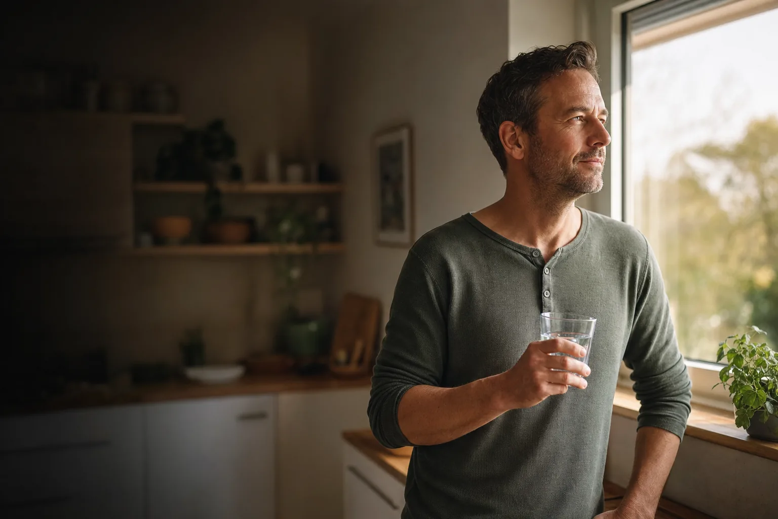 A man at a kitchen window in morning light