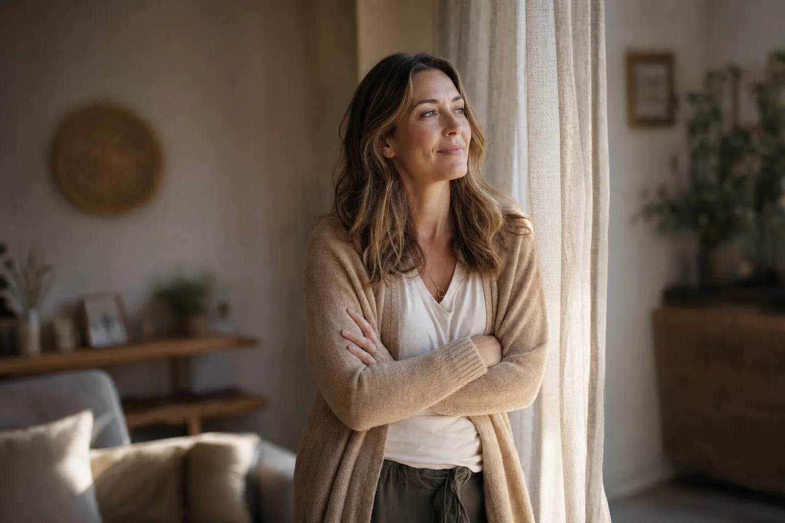 A woman standing by a window at home, looking out calmly