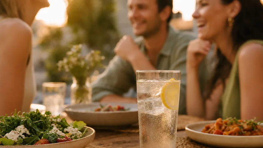 Friends at a dinner table with a sparkling water in the foreground